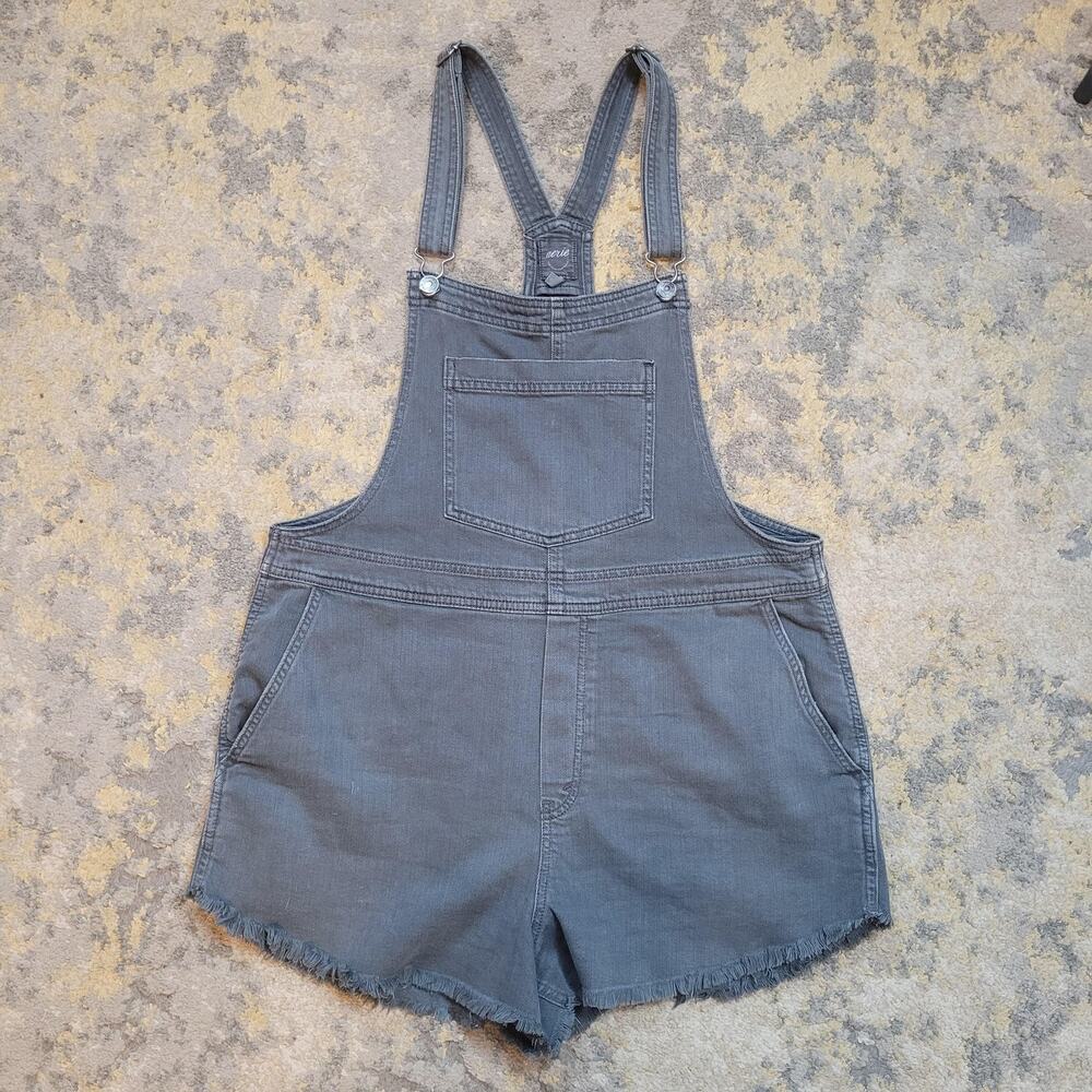Aerie Shortalls Overalls Large Gray Denim Bib Raw Hem Casual Summer Utility